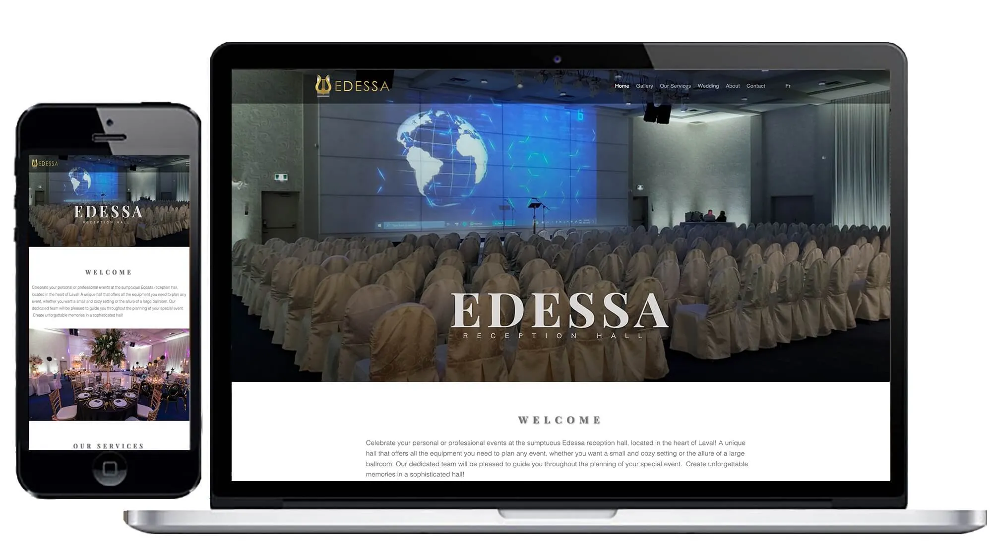 Salle de réception Edessa reception hall platform interface showing event venue booking and customizable layouts in Canada